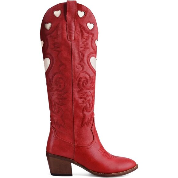 Women's Red Wide Calf Round Toe Chunky Stacked Heel Knee High Cowgirl Boot - Picture 8 of 9